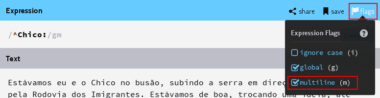 imagem ilustrando flag multiline sendo setada no RegExr"