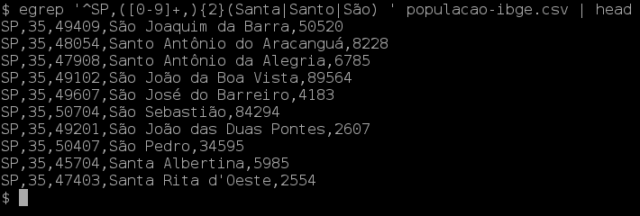 imagem mostrando as primeiras linhas retornadas pelo egrep filtrando nomes de santo