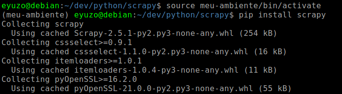imagem mostrando a instalação do scrapy no virtualenv