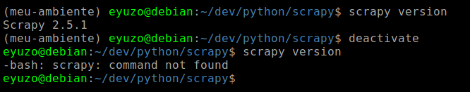 imagem mostrando o teste da instalação do scrapy com o virtualenv desativado